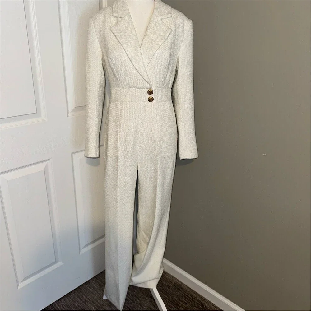 FEHAUTE Jumpsuit Womens Size 4 White Tweed Wide-Leg Pockets Quiet Luxury - Picture 2 of 16